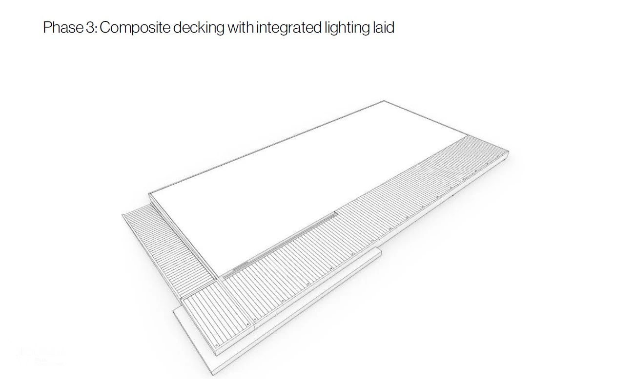Modular home with composite decking and integrated lighting