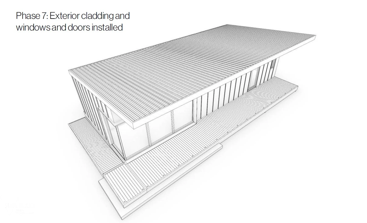 Modular home with exterior cladding and windows and doors installed